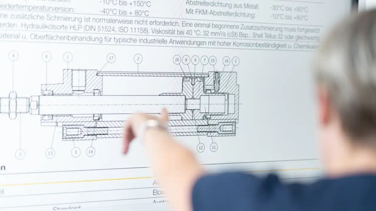 Frau zeigt auf digitale Präsentationstafel, auf welcher ein Arbeitsblatt mit Beschreibung von Maschine dargestellt wird