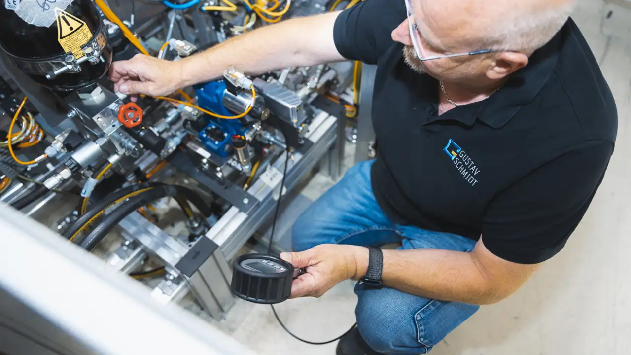 Mann überprüft eine Maschine mit einem Messgerät